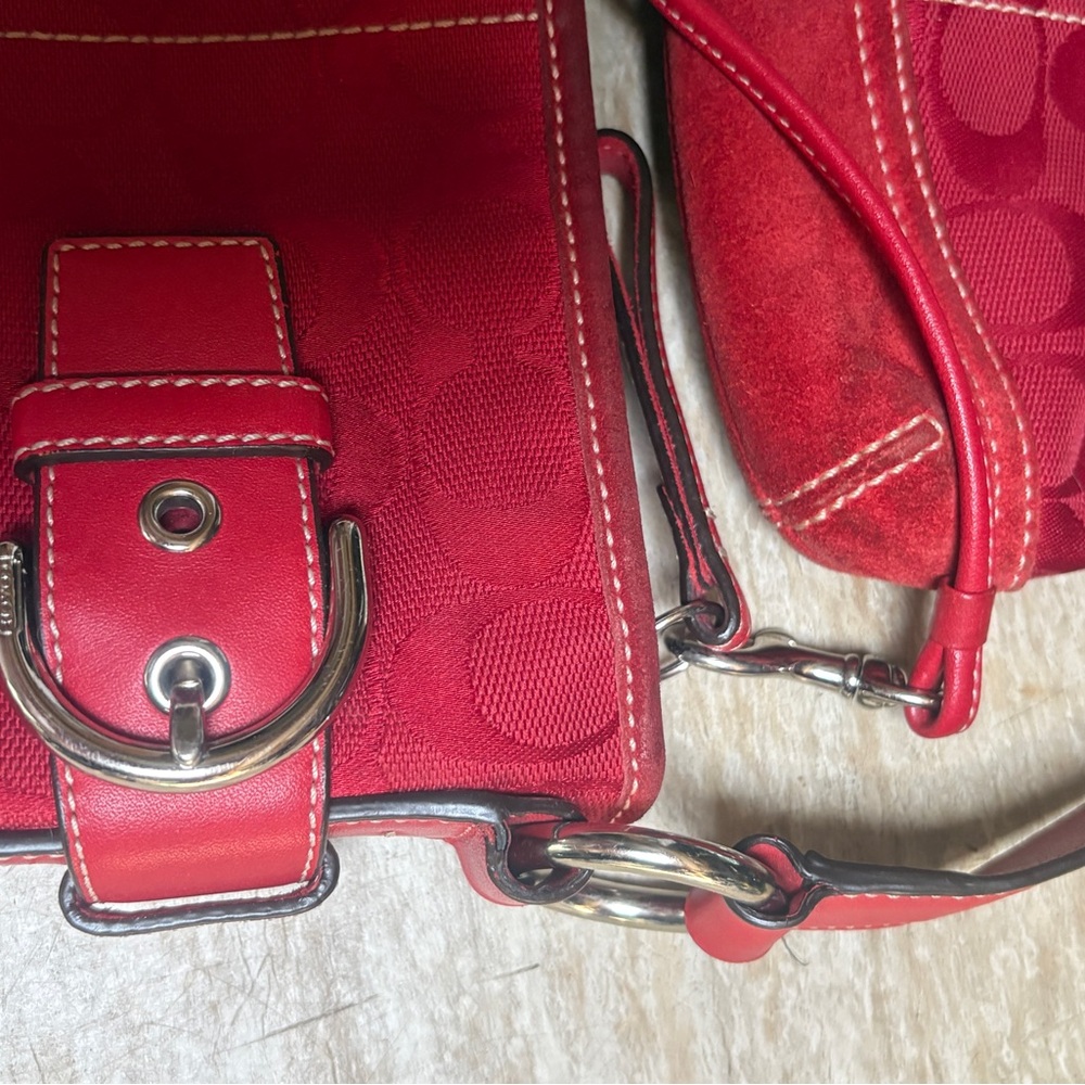 Coach Red Signature Crossbody Bag + Pouch Set Leather Trim - Picture 3 of 10